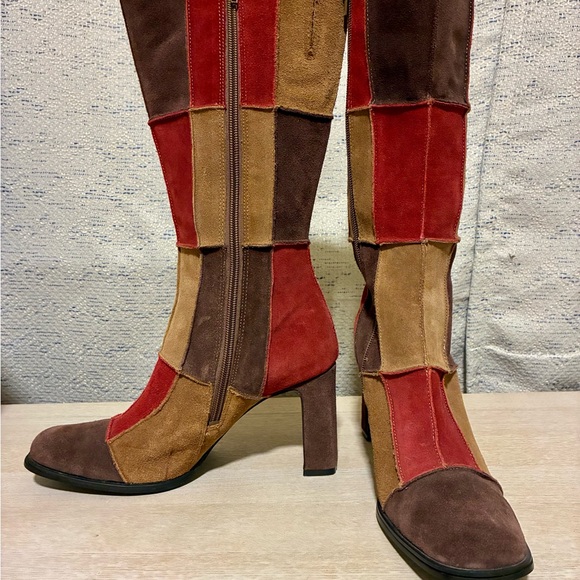 Vintage Prima Fiddle Patchwork Suede Block Heel Knee-High Boots - Red, Brown,Tan - Picture 1 of 9